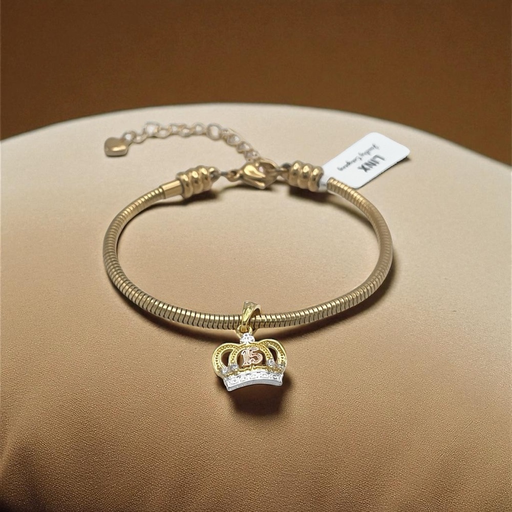 Linx Yellow Gold Snake Chain Bracelet with 15 Quinceanera Crown Charm